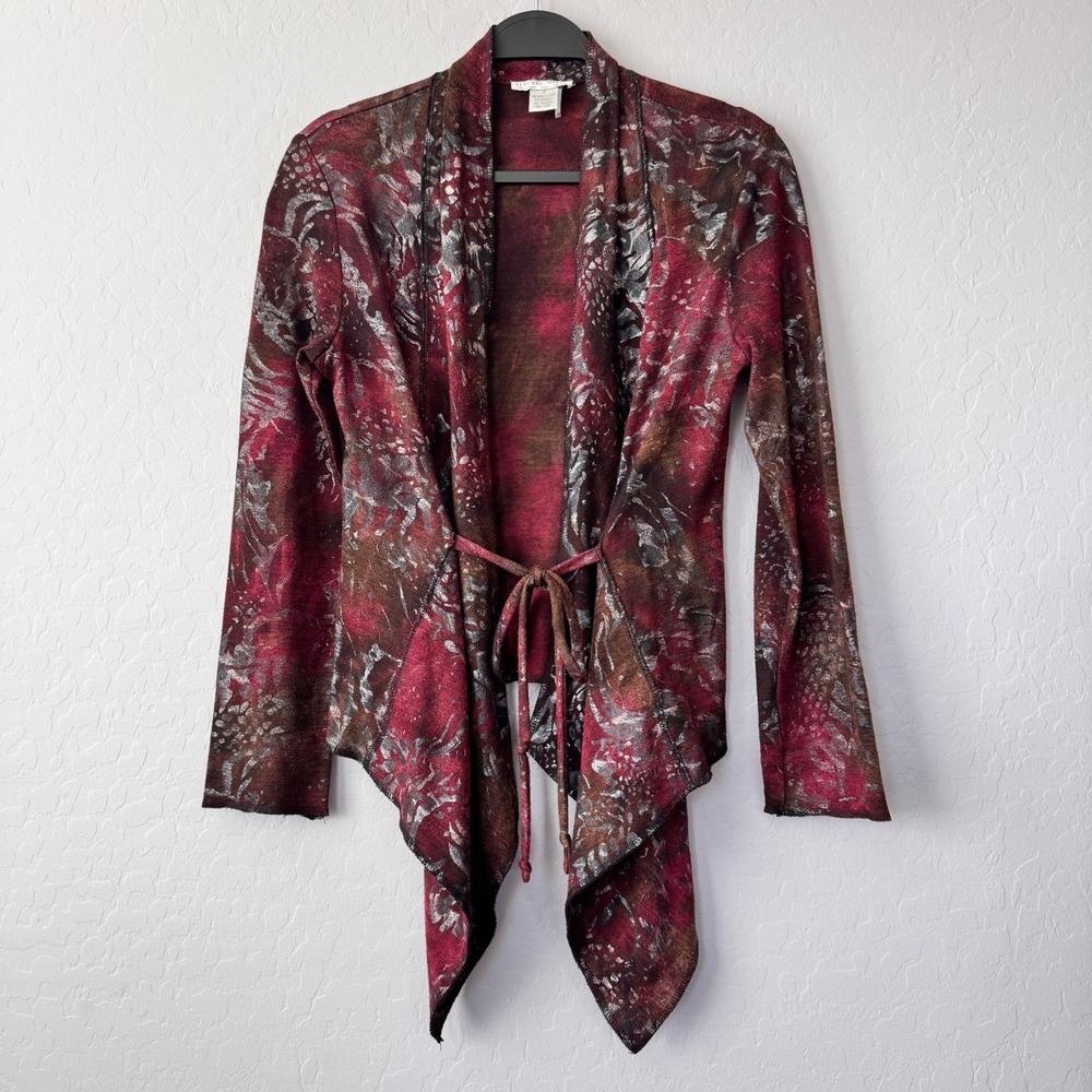 Alberto Makali Draped Cardigan Tie Front Abstract Print Burgundy Silver Small